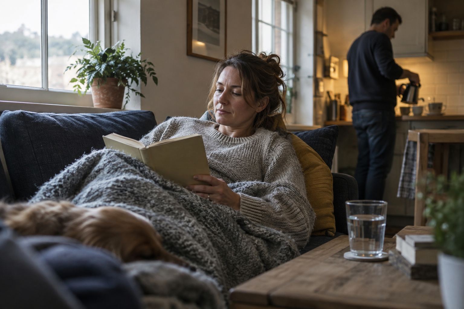 A woman resting under a blanket on a sofa, reading, while someone makes tea in the kitchen