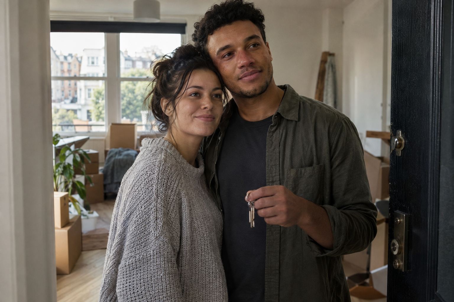 A couple holding a set of keys in an empty room with moving boxes