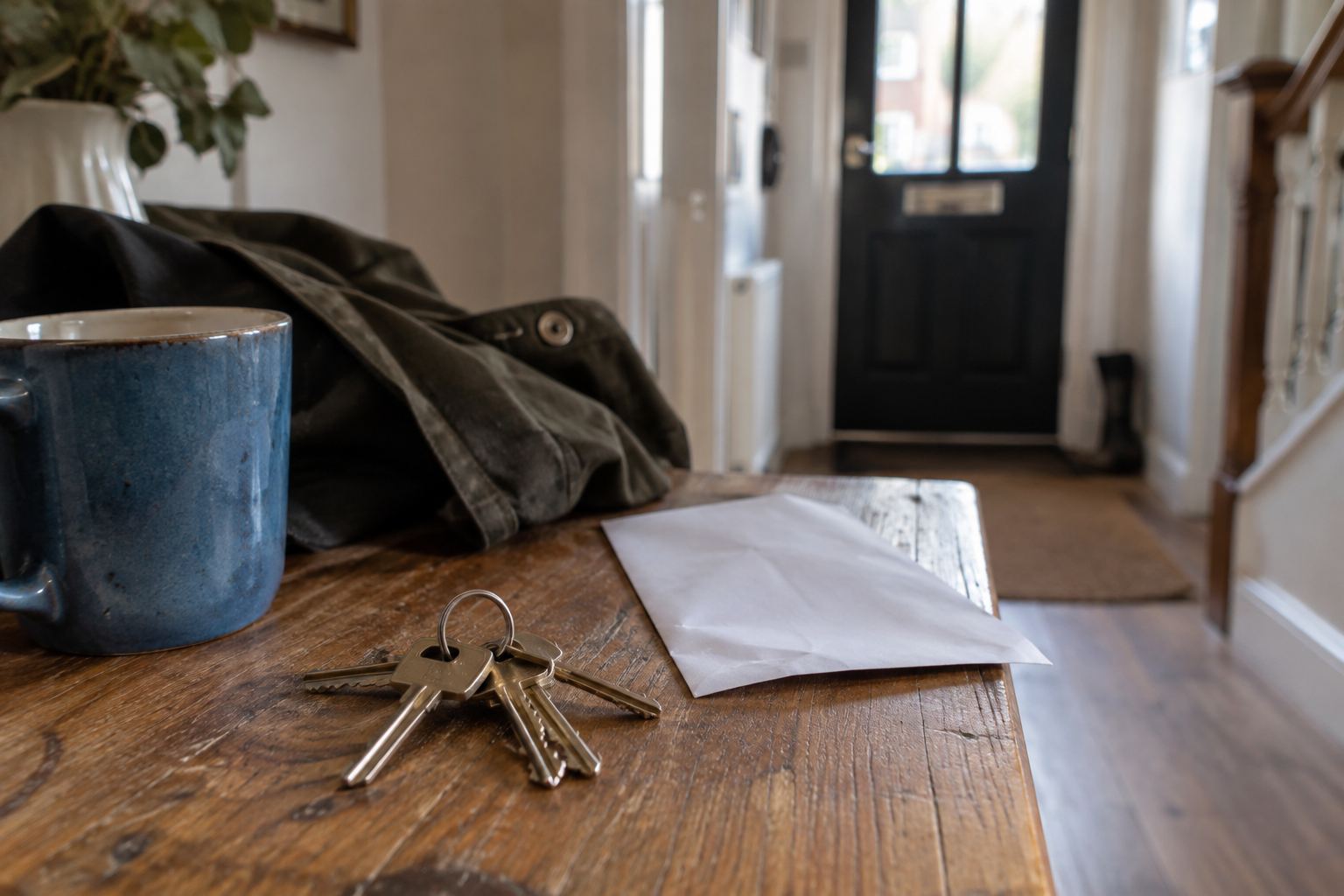House keys, an envelope and a mug of tea on a hallway table