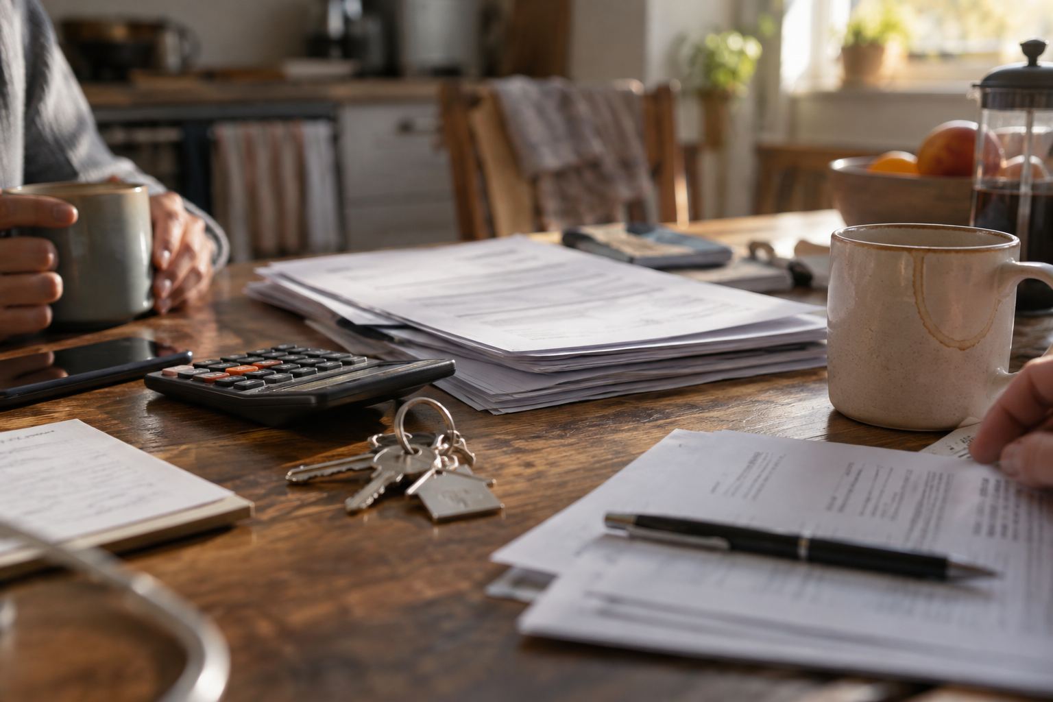 Mortgage paperwork, a calculator and house keys on a wooden kitchen table