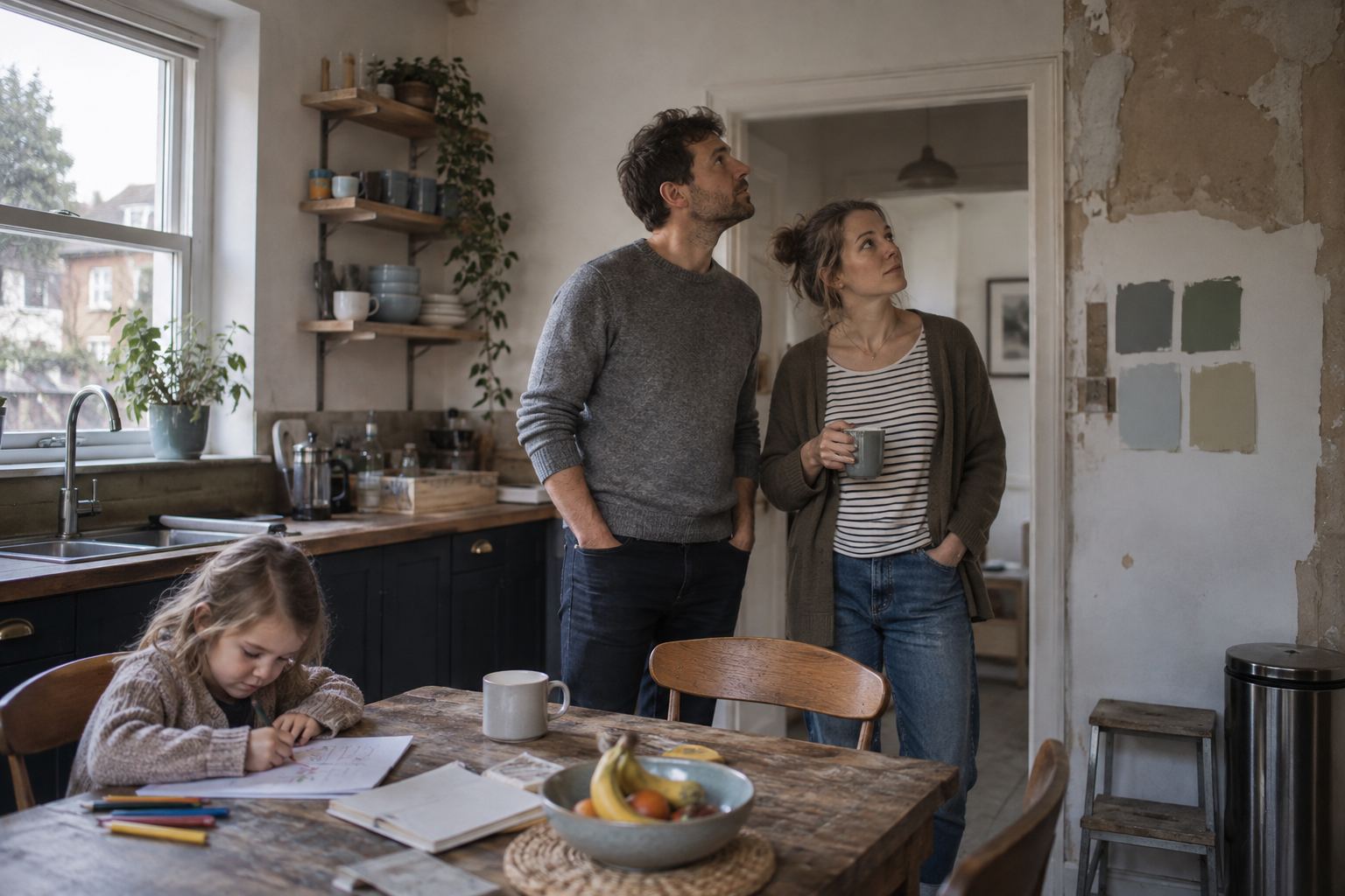 A family in their kitchen partway through redecorating, with paint samples on the wall
