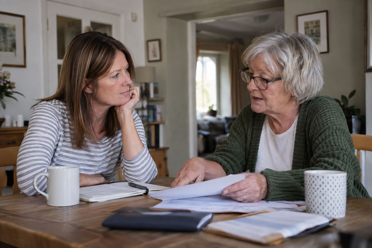 Two women talking through papers at a dining table